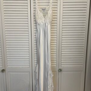 Elegant White Satin Gown with lace and pearls
